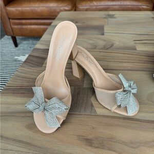 Anne Michelle Nude Heels with Rhinestone Bow